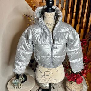 All In Motion Girls Silver Hooded Puffer Jacket Size M (8)